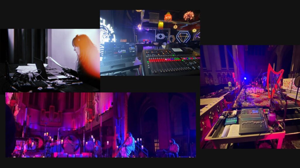 A five-photo portfolio collage on a solid black background showcasing live audio engineering and technical stage production. Top-Left Photo: A moody, profile portrait of the Montes Media Collective founder wearing headphones, looking intently at a laptop and cue sheets at a dark production desk, illuminated by a warm, orange-red light flare. Top-Middle Photo: A close-up of a professional digital audio mixing console and a laptop displaying software inside a dark, modern club venue with glowing geometric diamond wall lights and colorful hanging paper lanterns in the background. Bottom-Left Photo: An atmospheric wide shot of a live sound bath performance on a cathedral altar under purple and magenta lighting, featuring musicians playing gongs, crystal bowls, and a harp. Right Photo: A view looking down the side of a candlelit stage inside a cathedral, featuring an iPad and an audio mixing board on a rolling technical cart in the foreground, looking toward a vibrant red harp set up on the stage.
